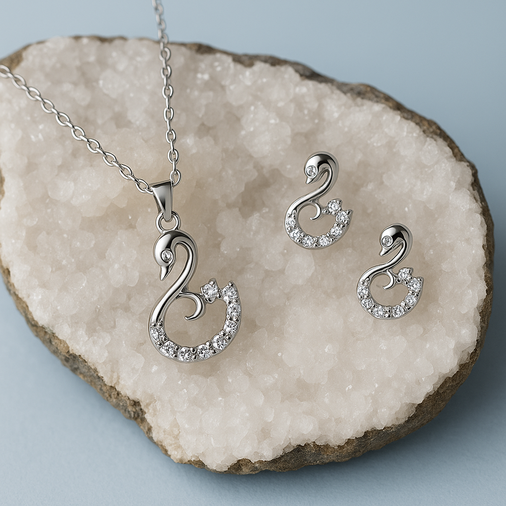 Elegant Swan-Inspired Silver Necklace & Earring Set | Sparkling Crystal Jewelry