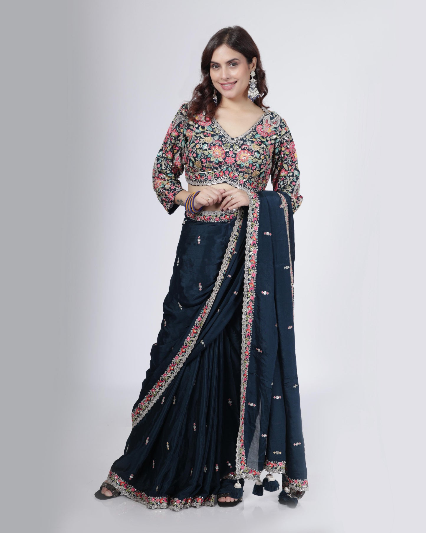 Midnight Blue Embroidered Designer Saree with Blouse