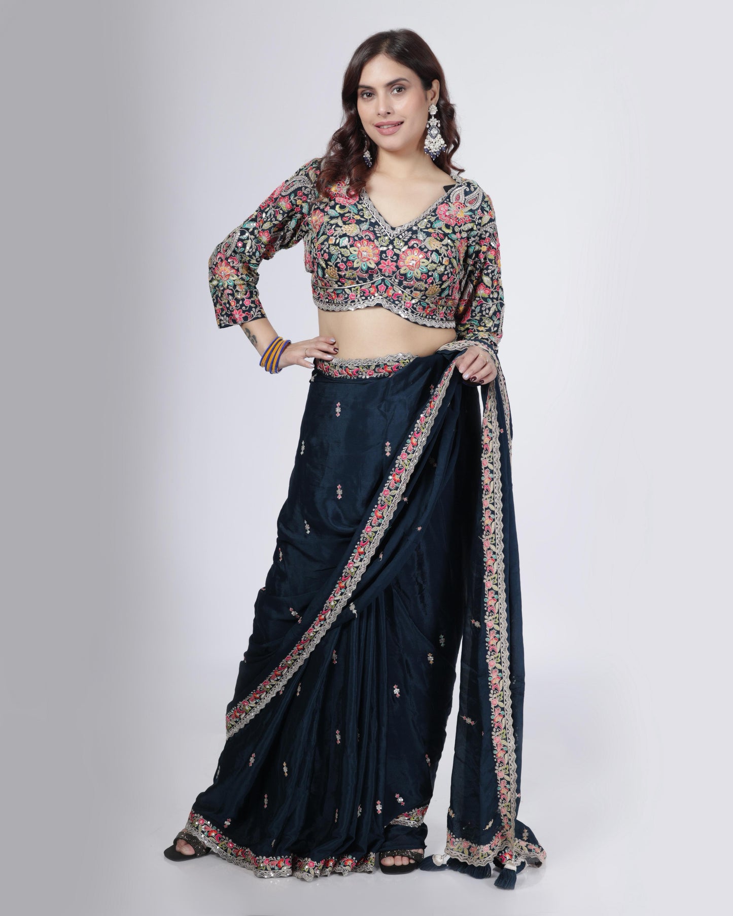 Midnight Blue Embroidered Designer Saree with Blouse