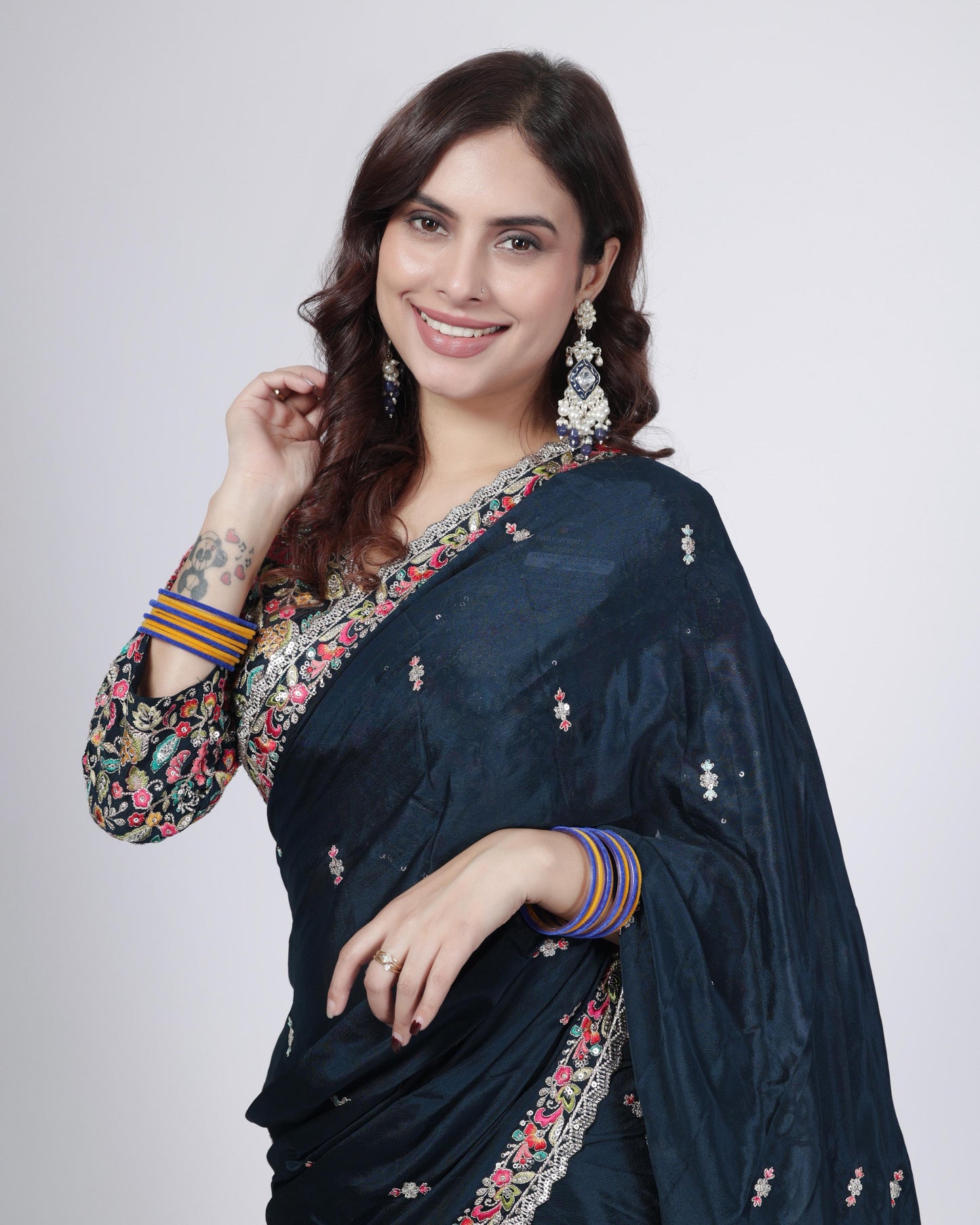 Midnight Blue Embroidered Designer Saree with Blouse