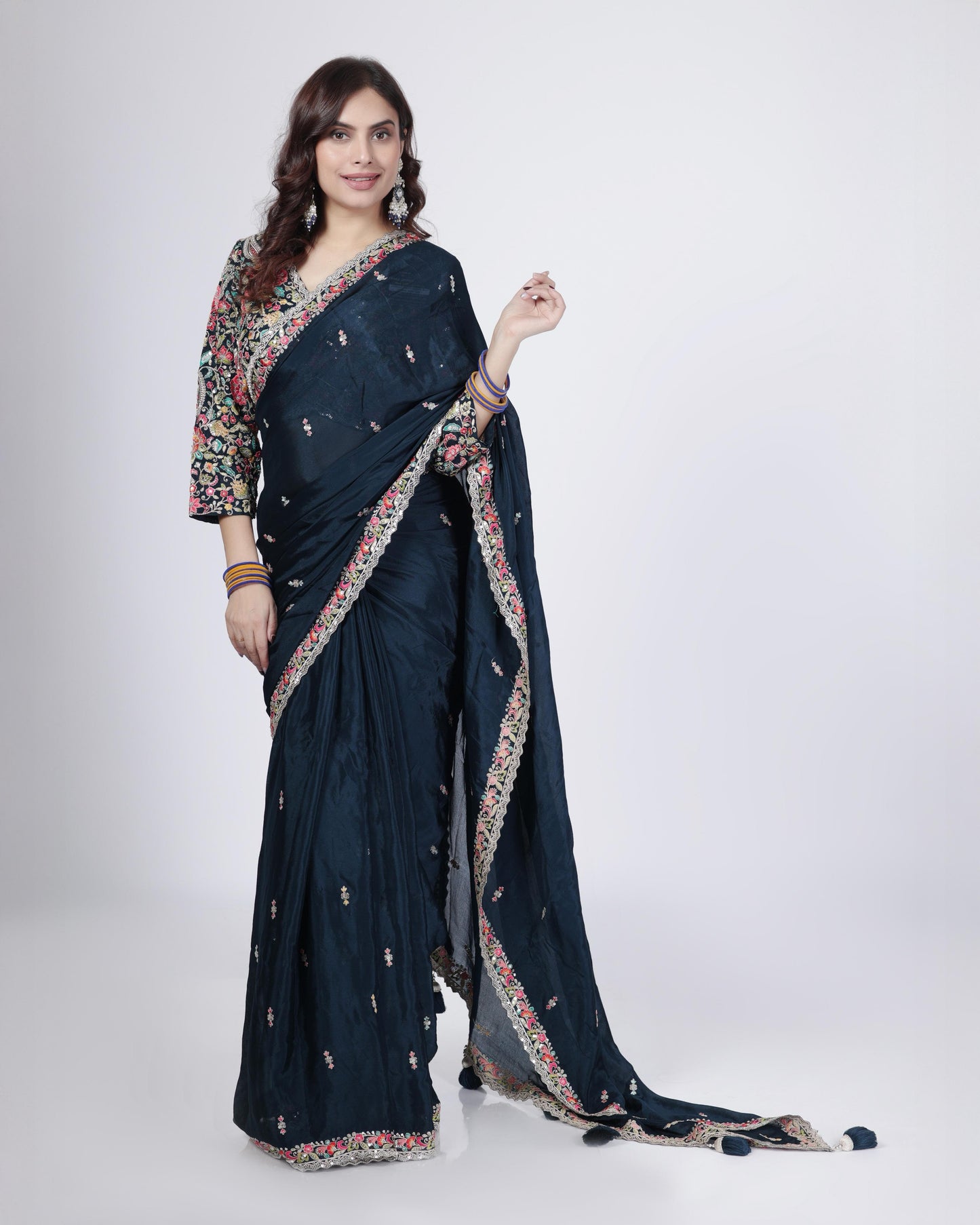 Midnight Blue Embroidered Designer Saree with Blouse
