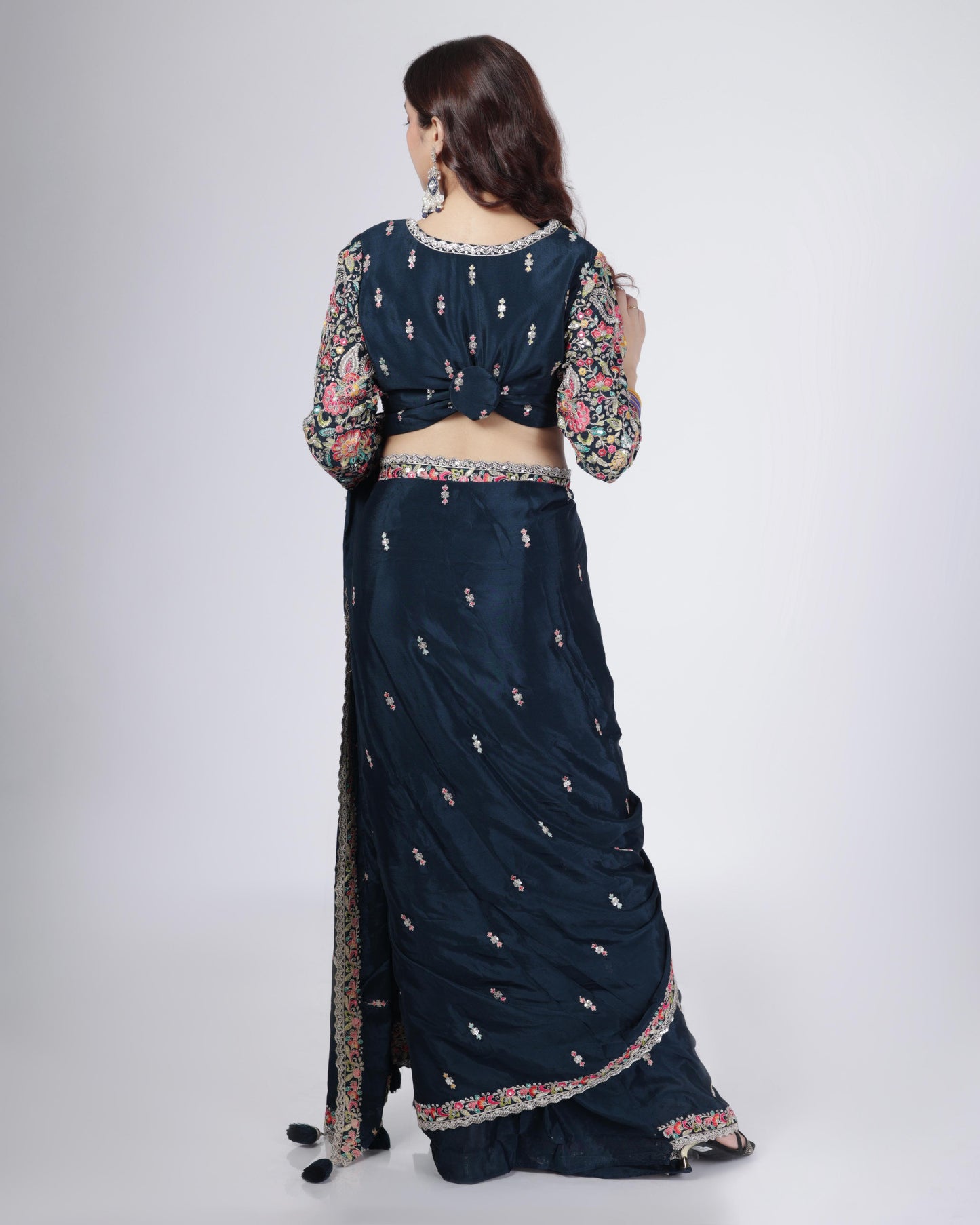 Midnight Blue Embroidered Designer Saree with Blouse
