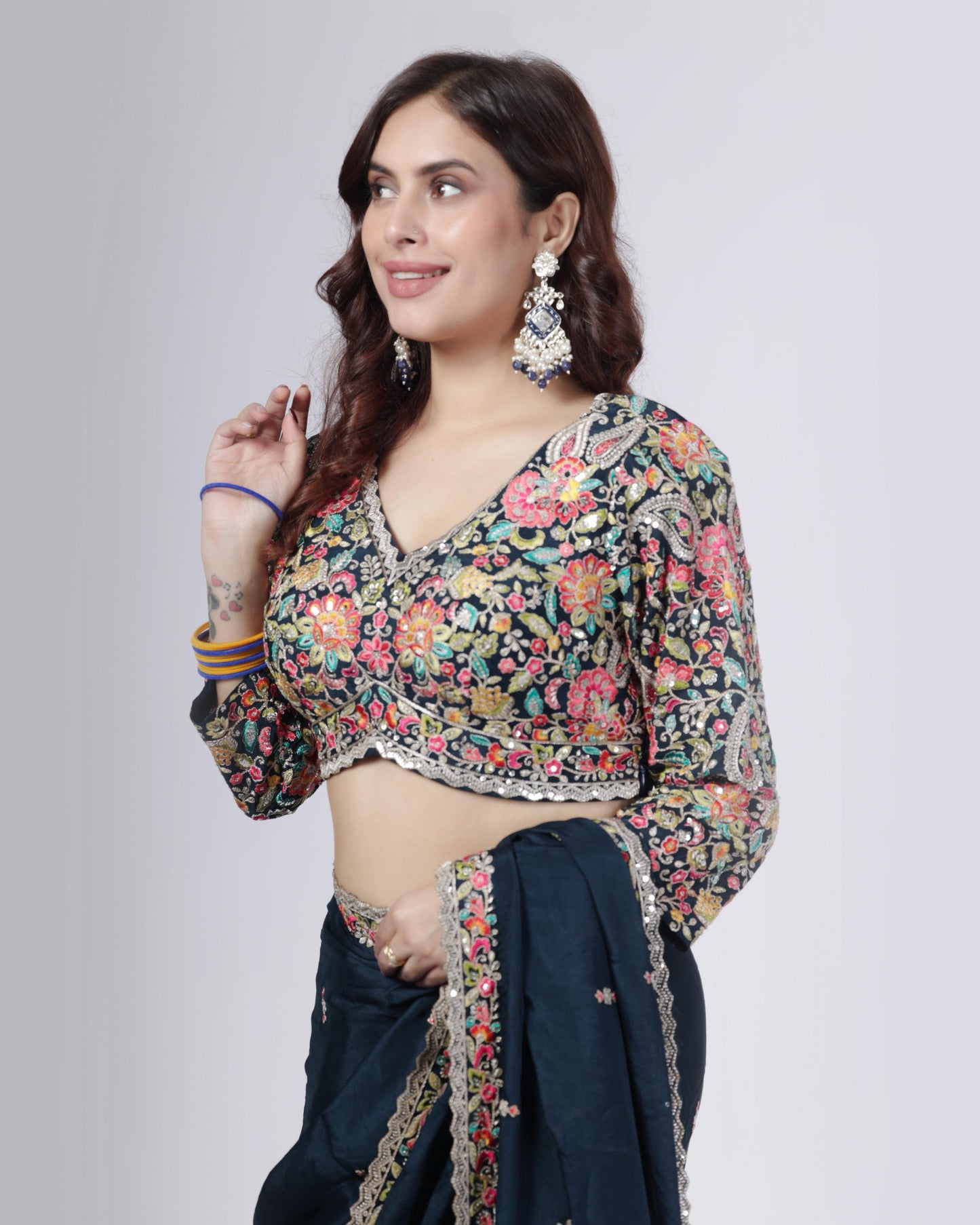 Midnight Blue Embroidered Designer Saree with Blouse