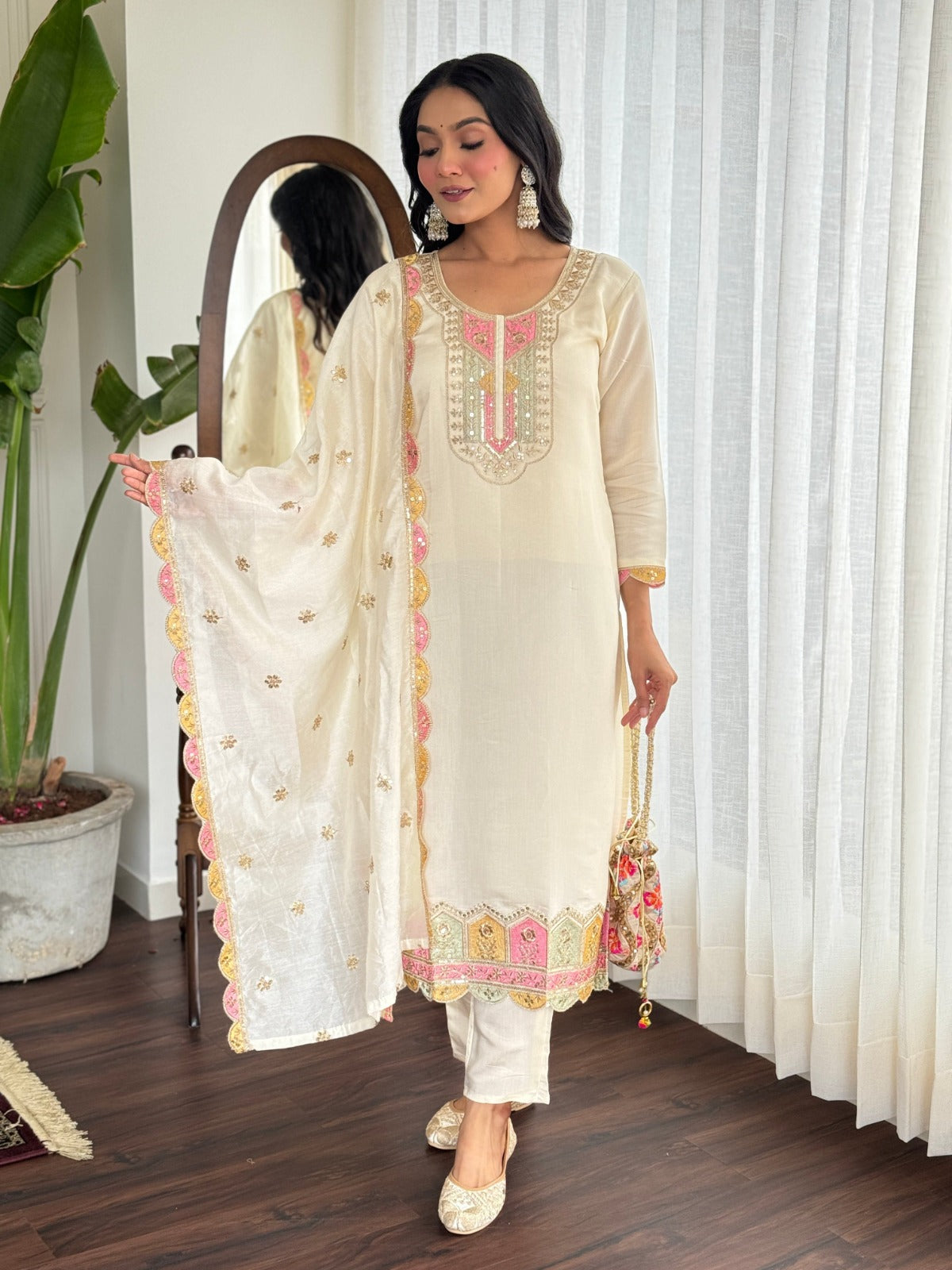 women embroidered straight set