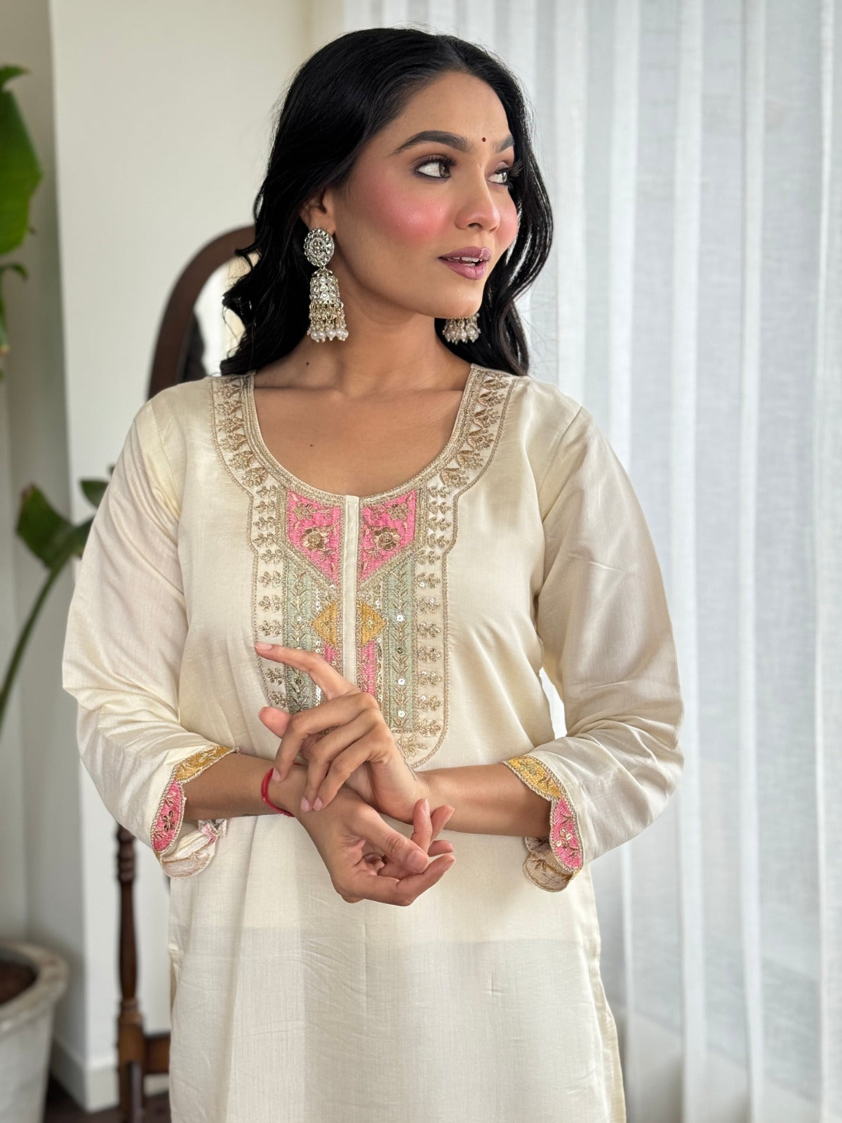 women embroidered straight set