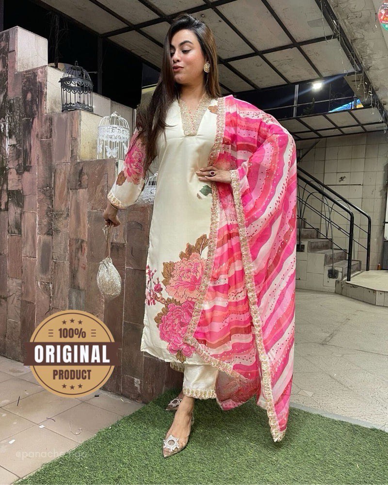 This kurta set consists of kurta , trousers and dupatta