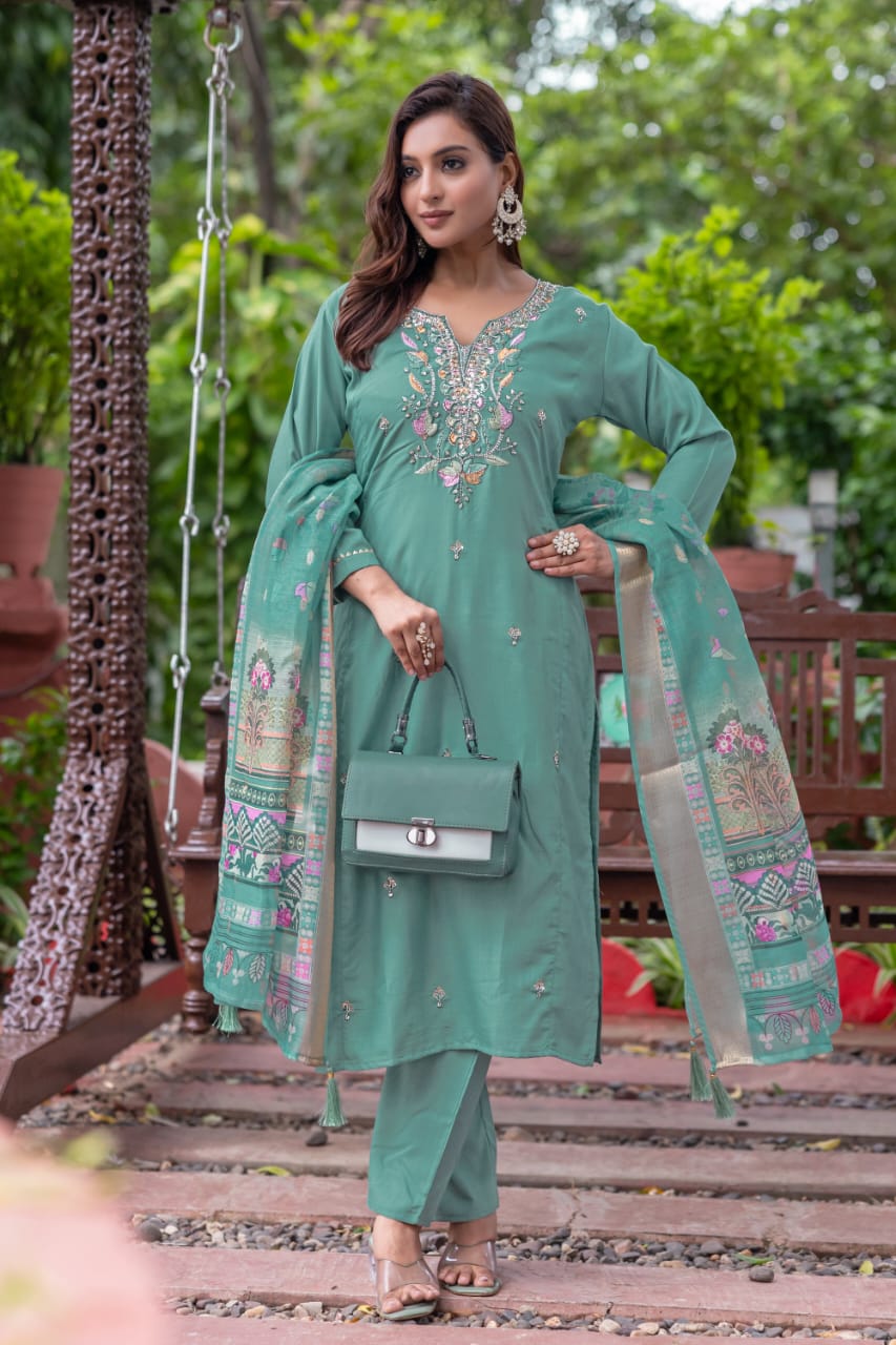 Elegant Pastel Green Embroidered Suit Set with Dupatta