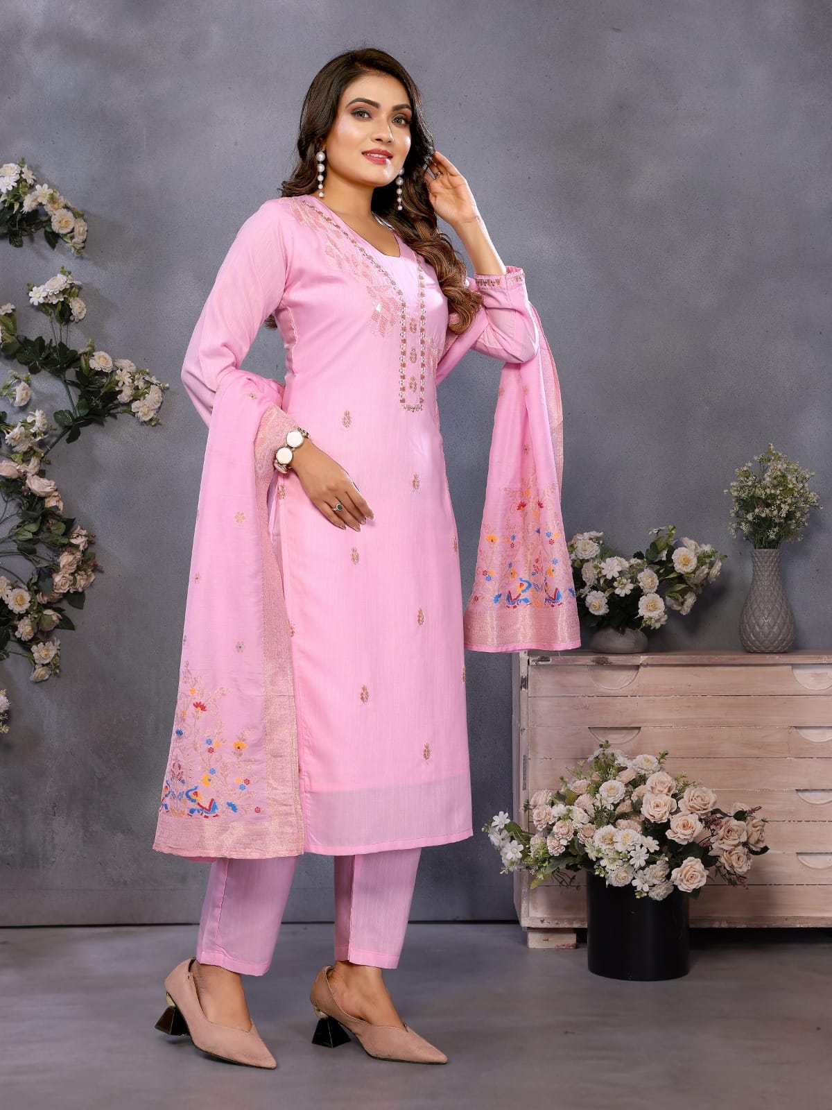Pastel pink embroidered straight salwar suit with dupatta