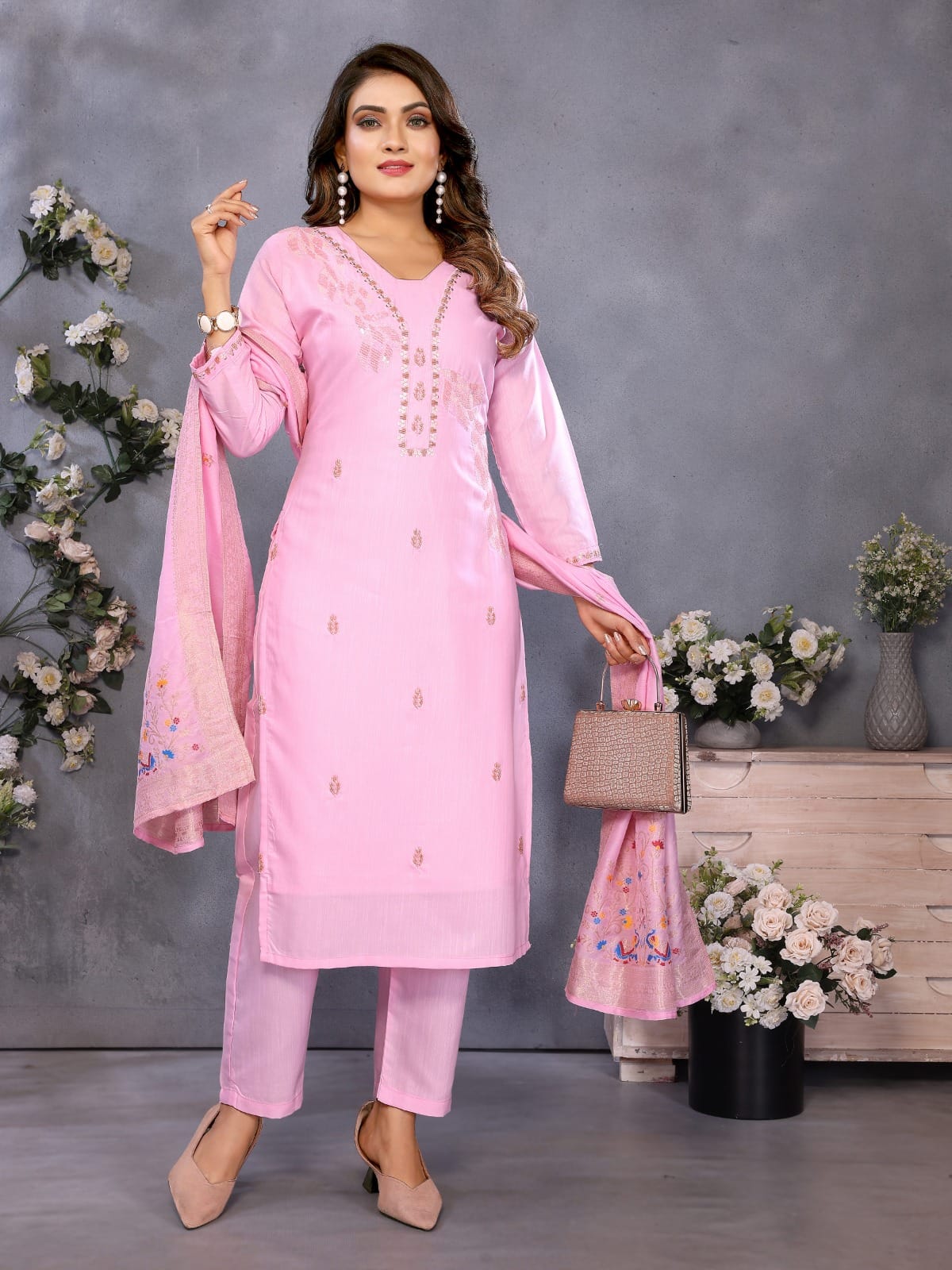 Pastel pink embroidered straight salwar suit with dupatta