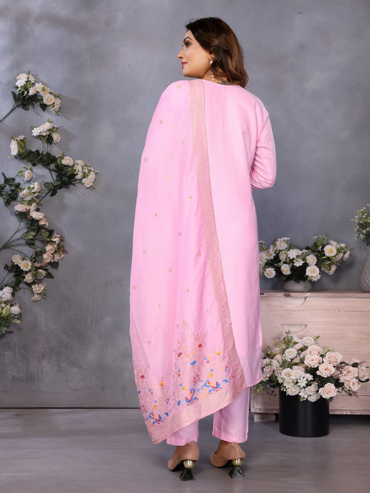 Pastel pink embroidered straight salwar suit with dupatta