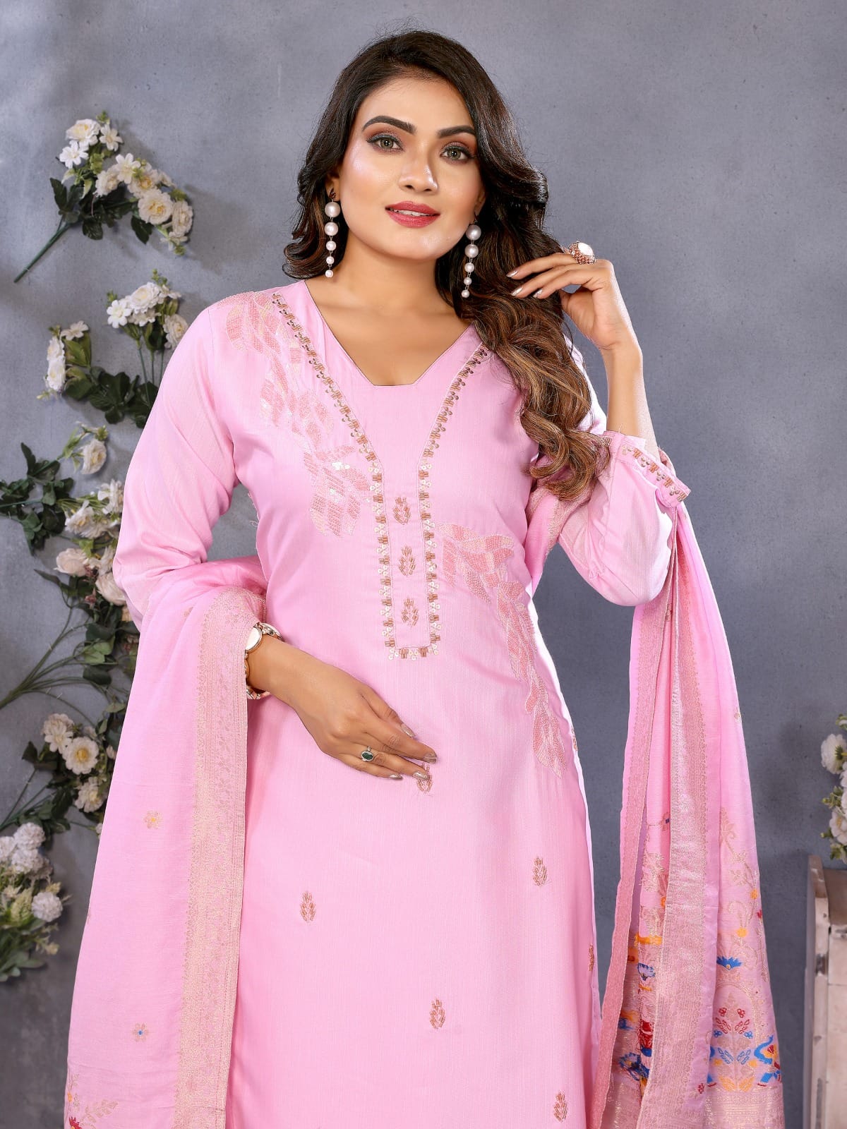 Pastel pink embroidered straight salwar suit with dupatta