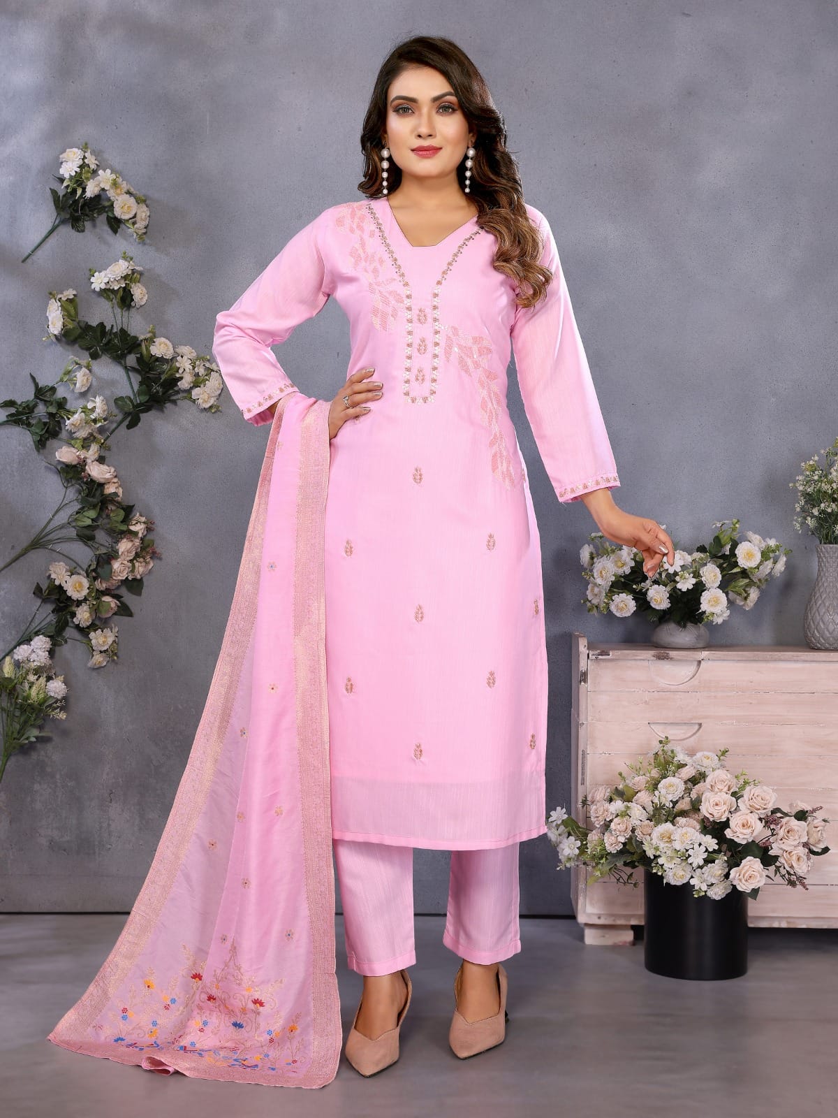 Pastel pink embroidered straight salwar suit with dupatta