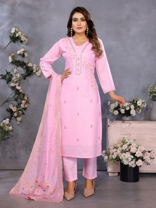 Pastel pink embroidered straight salwar suit with dupatta