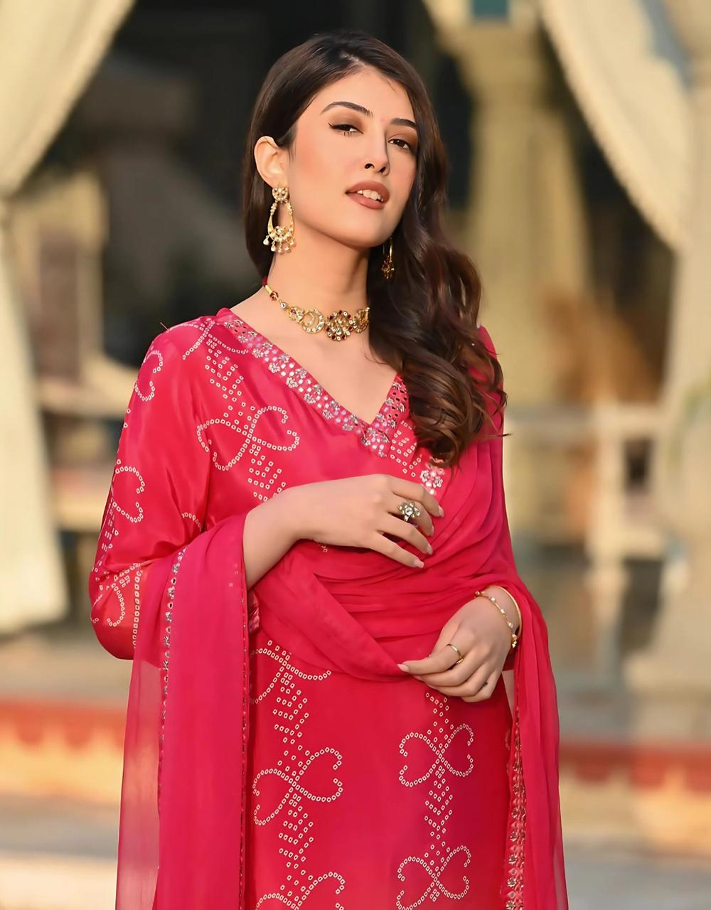 Red Bandhani print suit set with dupatta