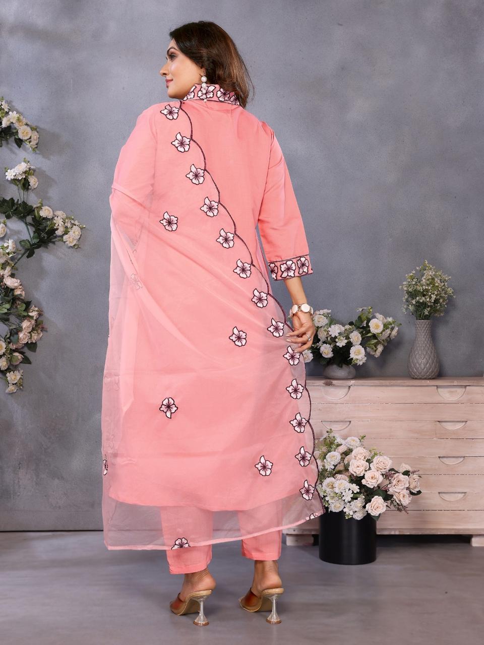 Peach floral embroidered suit set with dupatta
