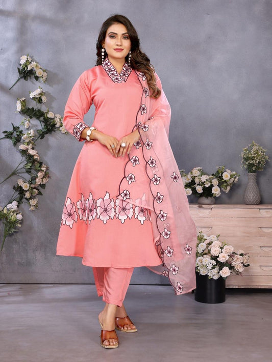 Peach floral embroidered suit set with dupatta