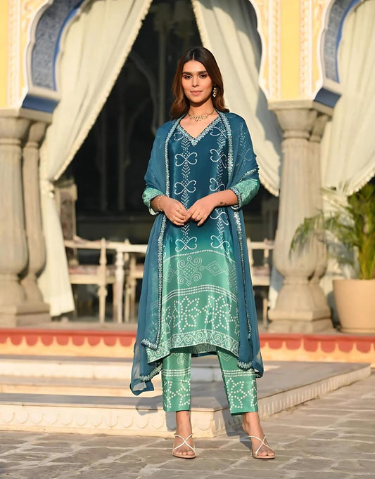 Teal blue bandhani print suit set with dupatta