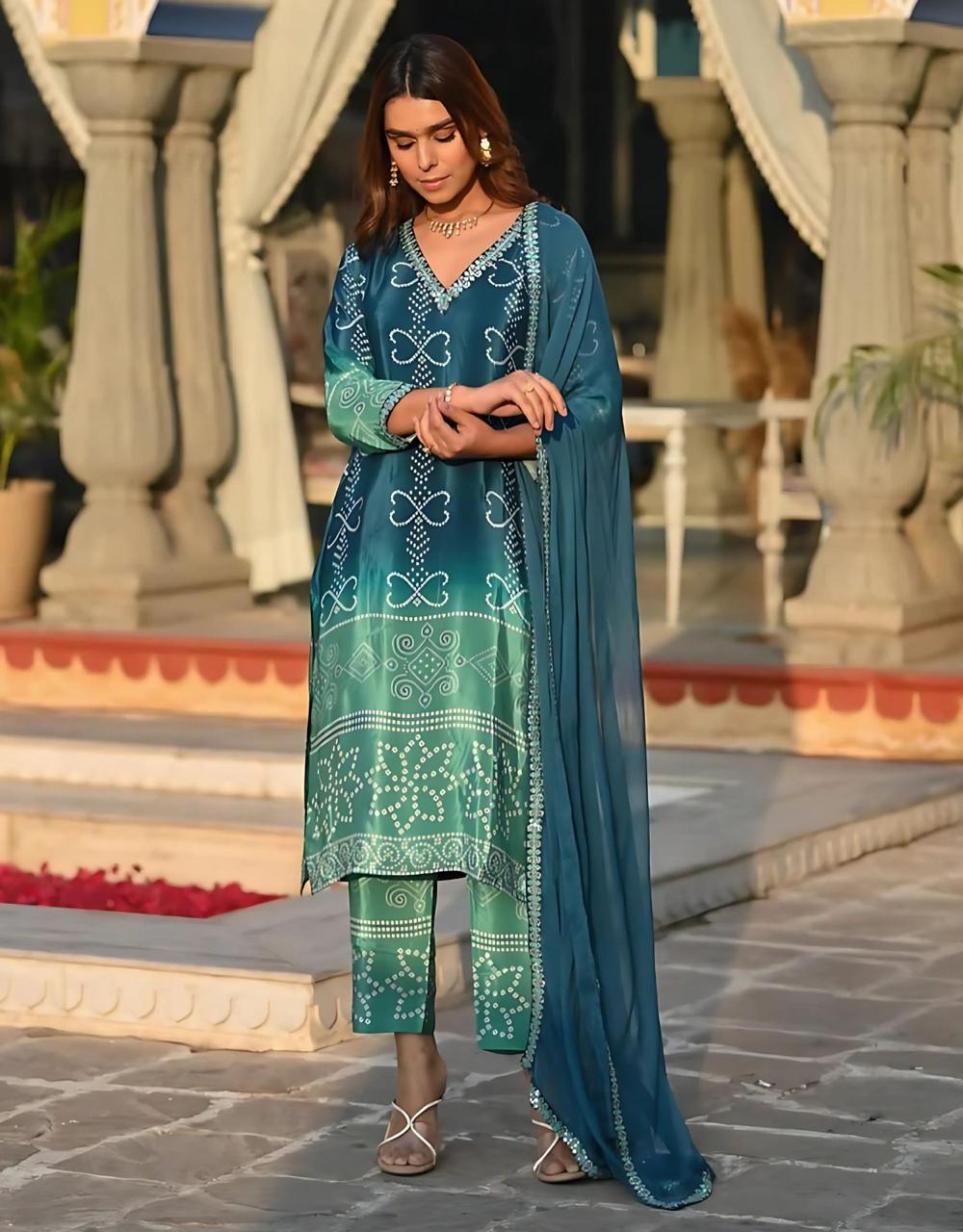 Teal blue bandhani print suit set with dupatta
