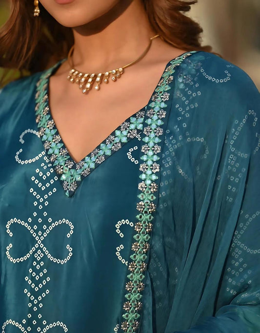 Teal blue bandhani print suit set with dupatta