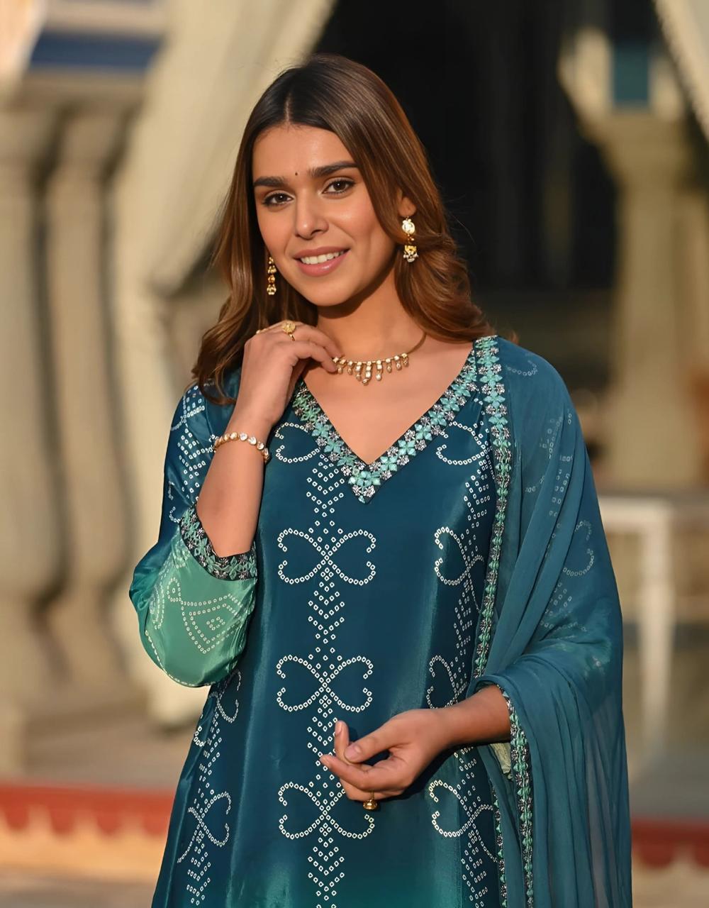 Teal blue bandhani print suit set with dupatta