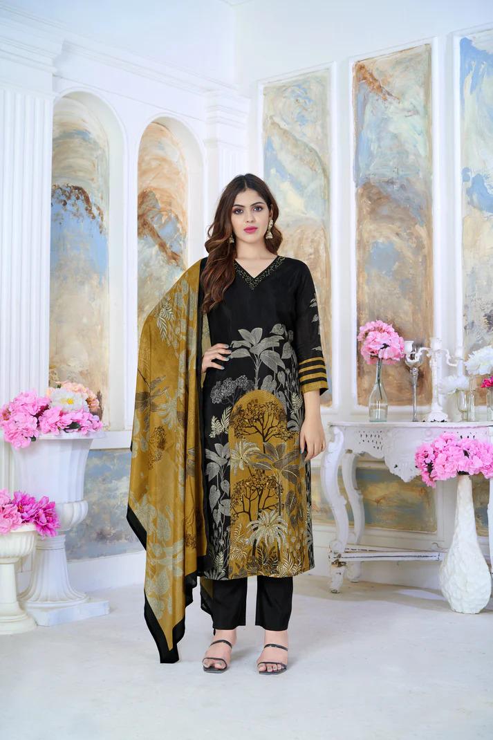 Black velvet print salwar suit with dupatta