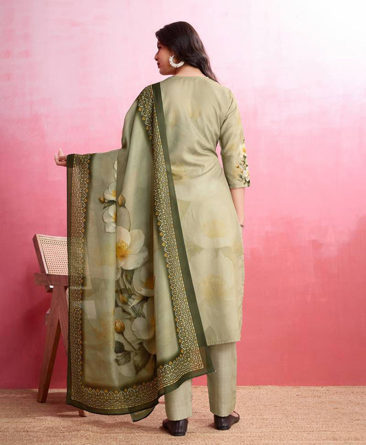 Olive green cotton floral print salwar suit with dupatta