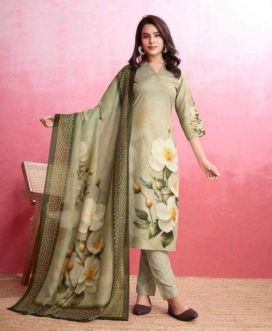 Olive green cotton floral print salwar suit with dupatta