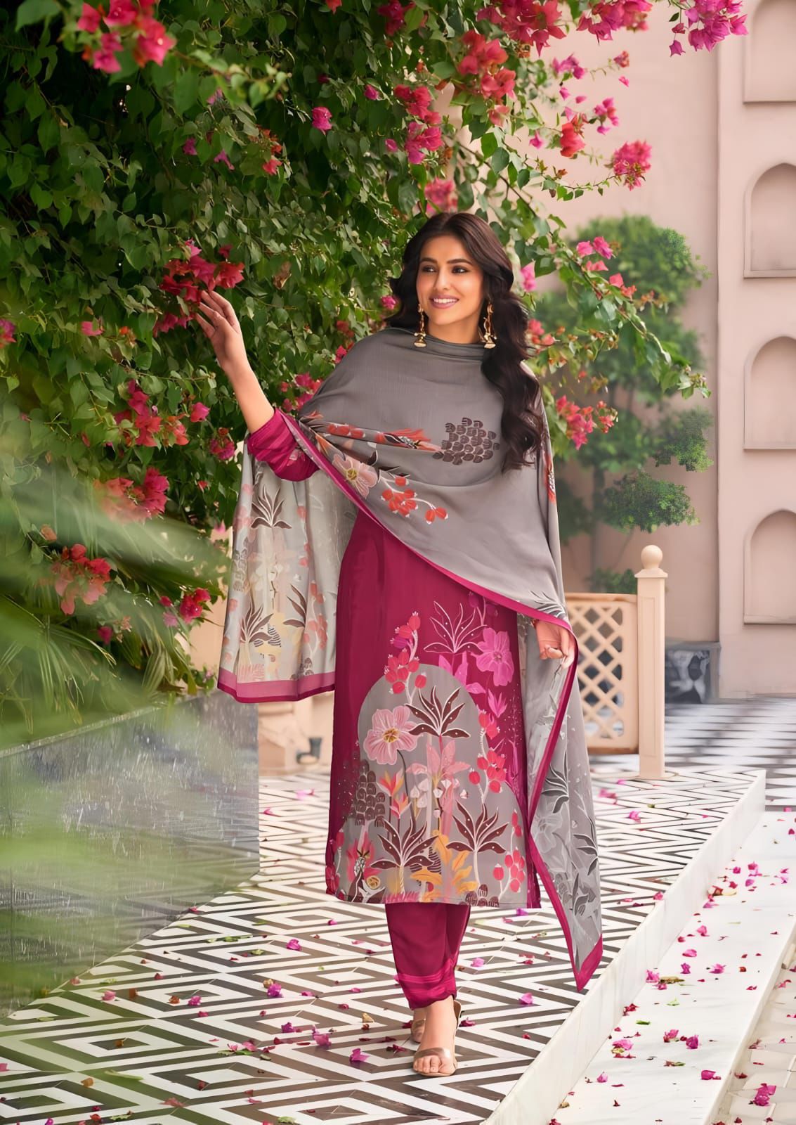 Wine Maroon cotton suit with grey floral printed dupatta