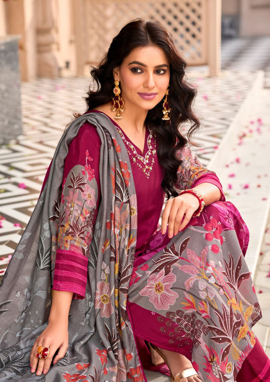 Wine Maroon cotton suit with grey floral printed dupatta