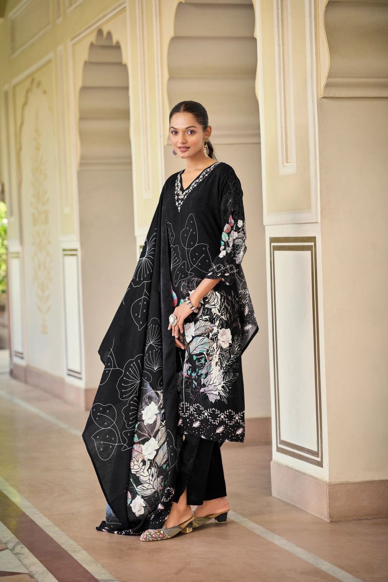 Black printed style suit with floral dupatta