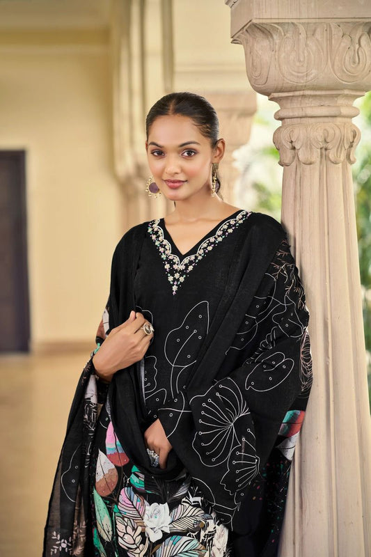 Black printed style suit with floral dupatta