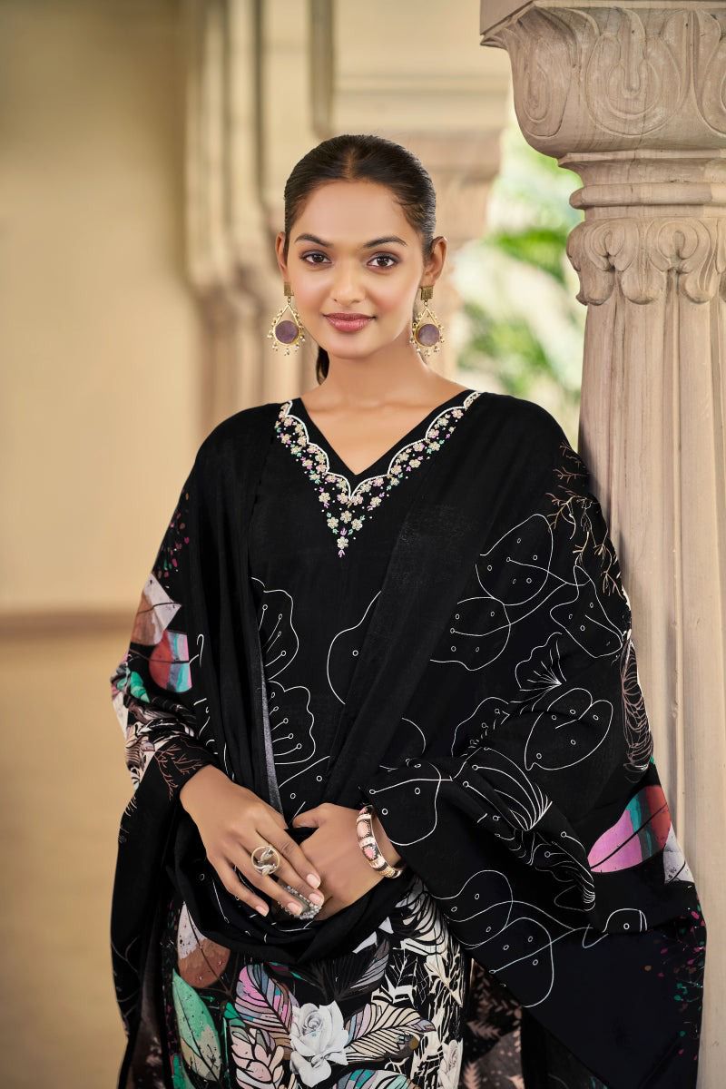 Black printed style suit with floral dupatta