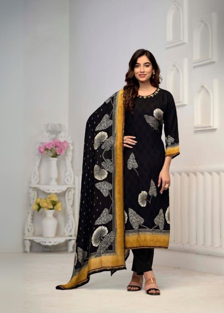 Elegant Black floral print suit with mustard bord