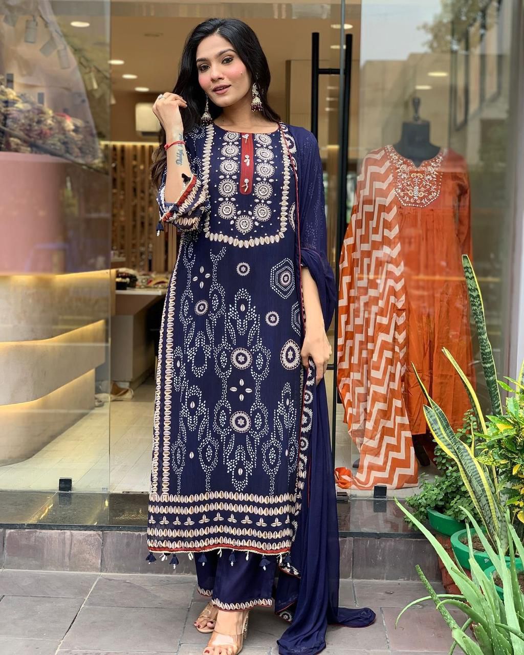 Navy blue bandhani print straight kurta suit set