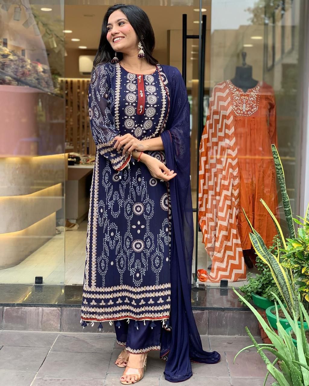 Navy blue bandhani print straight kurta suit set