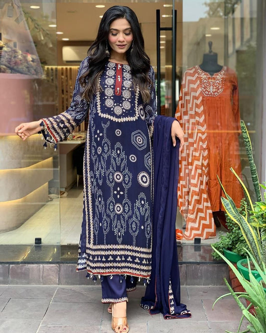 Navy blue bandhani print straight kurta suit set