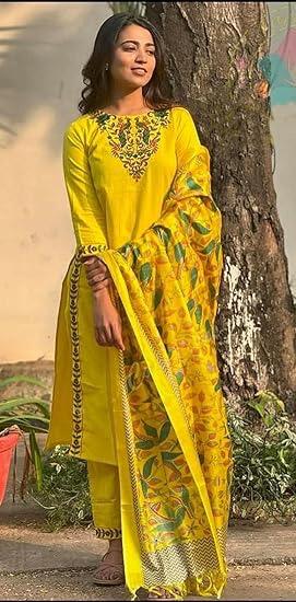 Bright Yellow Embroidered Cotton Kurta Set with Dupatta