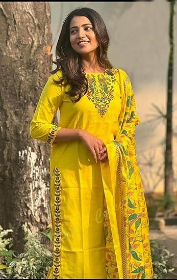 Bright Yellow Embroidered Cotton Kurta Set with Dupatta