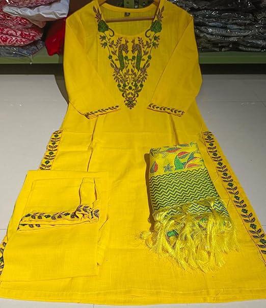 Bright Yellow Embroidered Cotton Kurta Set with Dupatta