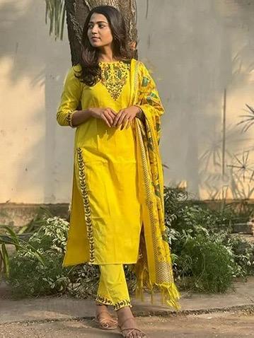 Bright Yellow Embroidered Cotton Kurta Set with Dupatta