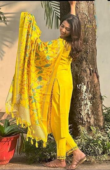 Bright Yellow Embroidered Cotton Kurta Set with Dupatta