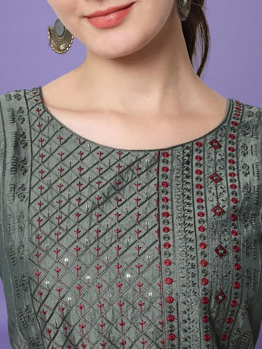 Grey cotton silk salwar suit with red dupatta