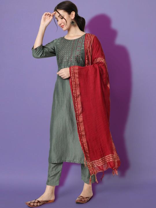 Grey cotton silk salwar suit with red dupatta