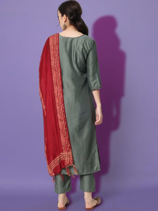 Grey cotton silk salwar suit with red dupatta