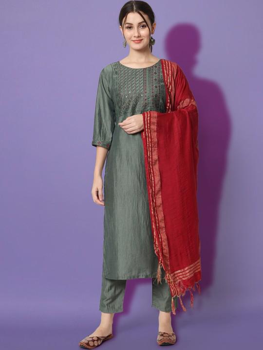 Grey cotton silk salwar suit with red dupatta