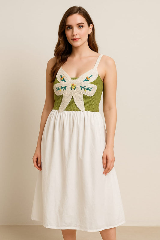 Embroidered Bow Knit & Cotton Midi Dress