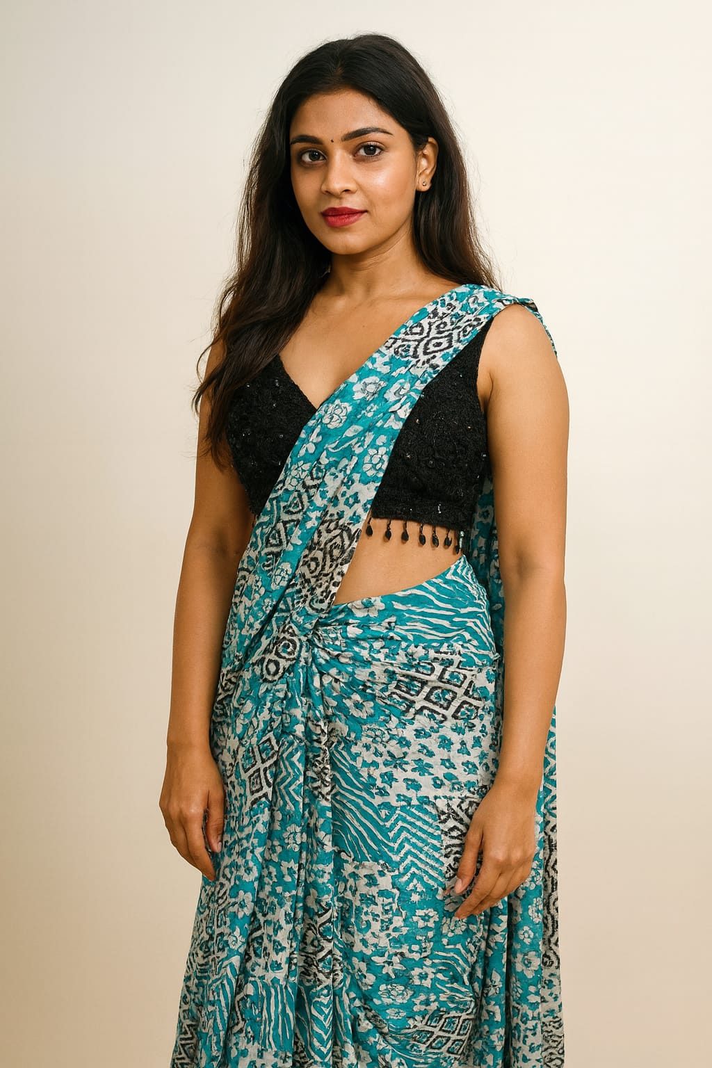 Floral & Geometric Printed Saree with Embellished Blouse