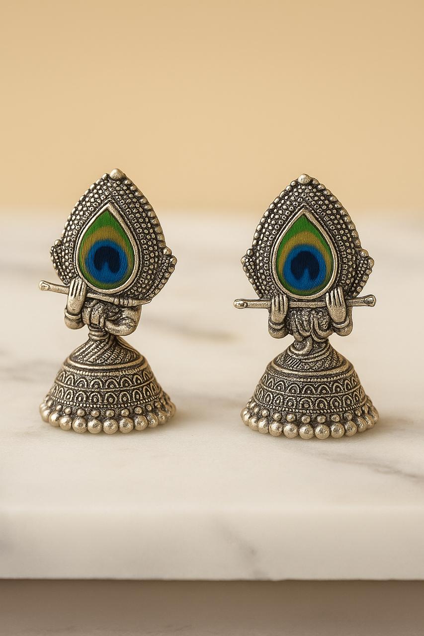 Oxidized Peacock Feather Flute Jhumka Earrings