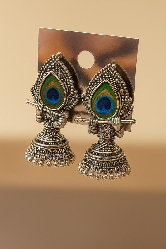 Oxidized Peacock Feather Flute Jhumka Earrings