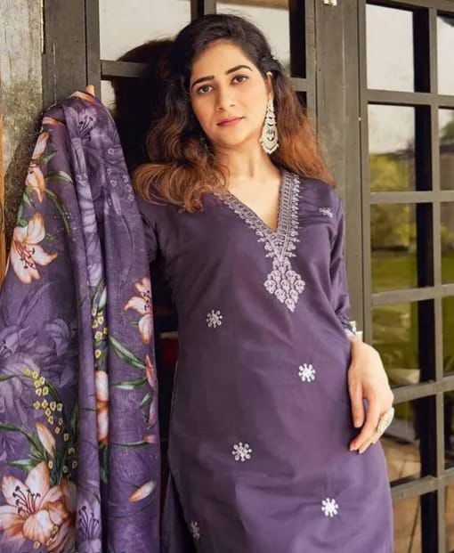 Elegant Lavender Cotton Embroidered Straight Salwar suit with dupatta